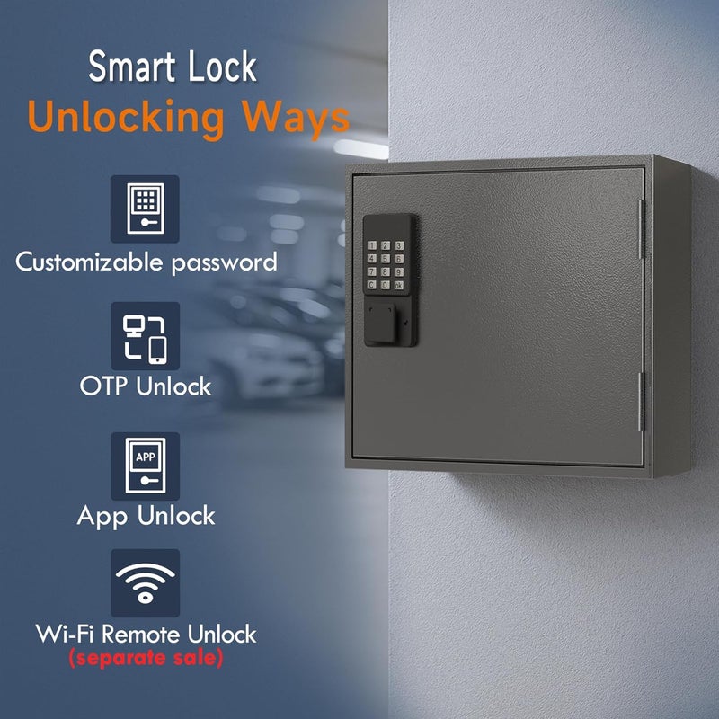 WeHere Smart Key Lock Box, Wall Mounted Key Cabinet with 60 Key Tags, Bluetooth App Control, OTP & Password Unlock, Wi-Fi Remote Unlock (Bridge Required), Steel Key Safe for Office Home Business - Image 3